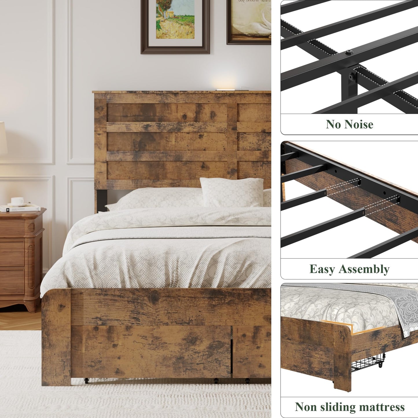 GDFStudio Full Size Industrial Bed Frame with Storage Headboard, Wood & Metal Platform Bed, USB Charging Station, Noise-Free Support, Easy Assembly Bedroom Furniture, No Box Spring Needed