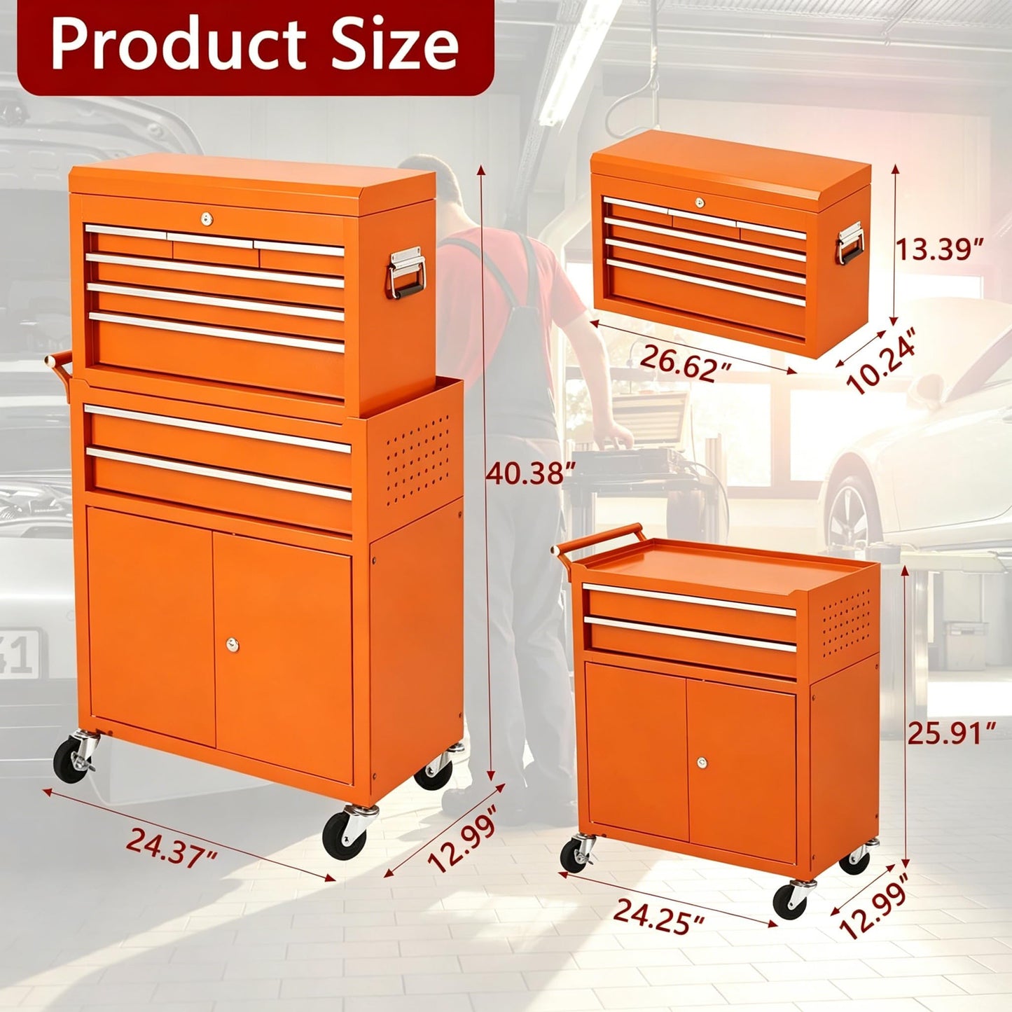 MilleLoom 8 Drawer Tool Chest with Wheels, 2 in 1 Detachable Rolling Tool Box Cabinet, Locking Metal Tool Storage Organizer with Portable Top Chest for Garage Workshop, Orange
