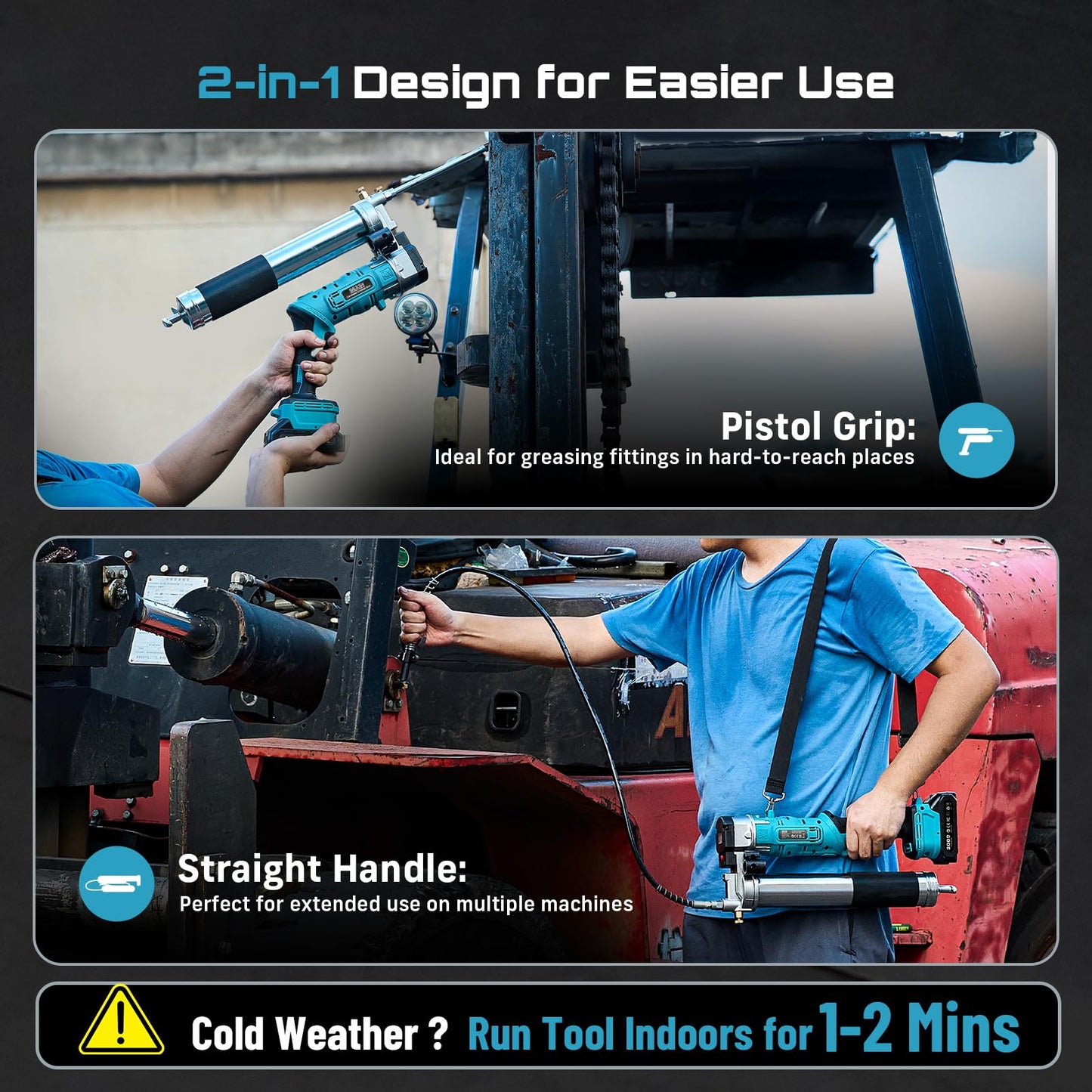Seesii 2-in-1 Electric Grease Gun Kit – 12,000 PSI, 5.3 oz/min High-Flow, Cordless Design, Includes 2×2.0Ah Batteries, LED Light & 39.4” Flexible Hose, Perfect for Cars, Trucks, Farm & Heavy Equipment