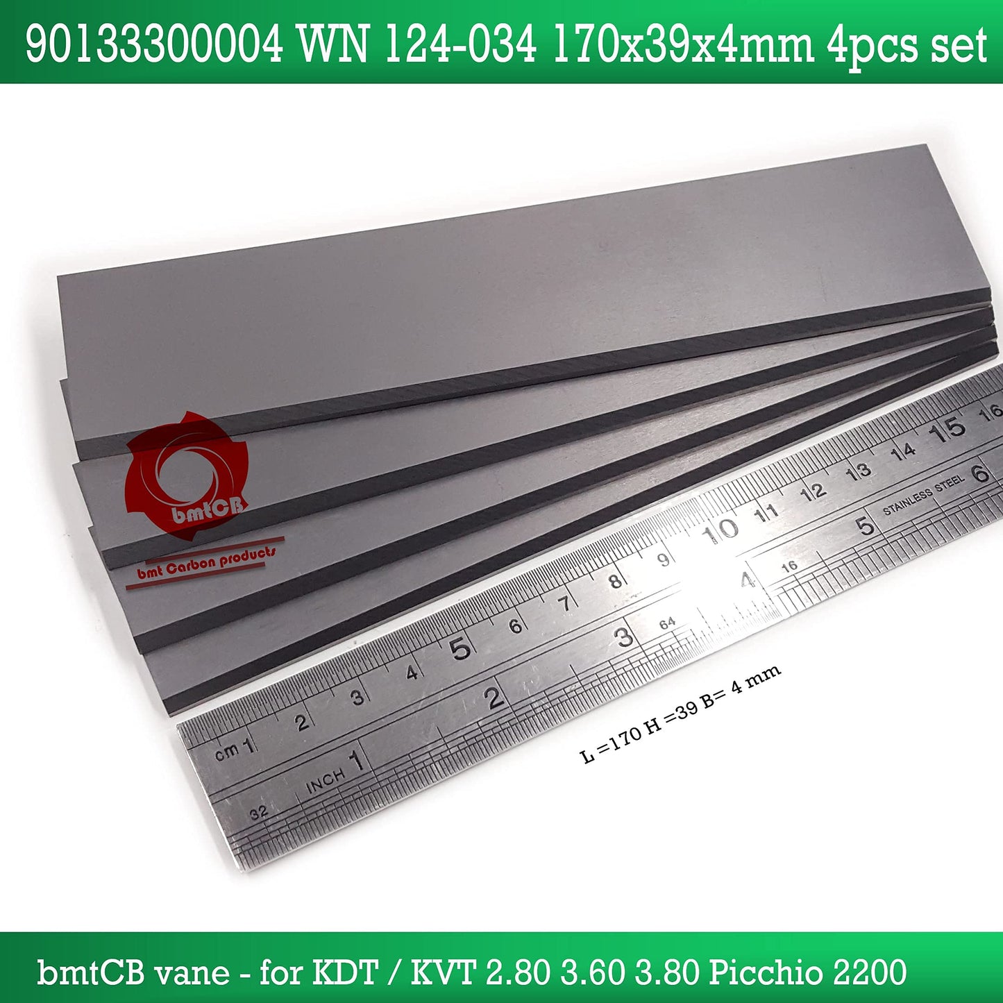 bmtCB Carbon vane 4pcs PM kit for Becker Pump Picchio2200 KDT2.80 KDT3.60 KDT3.80 KVT2.80 KVT3.60 KVT3.80 90133000004 WN124-034 DIM: 170mm x 39mm x 4mm
