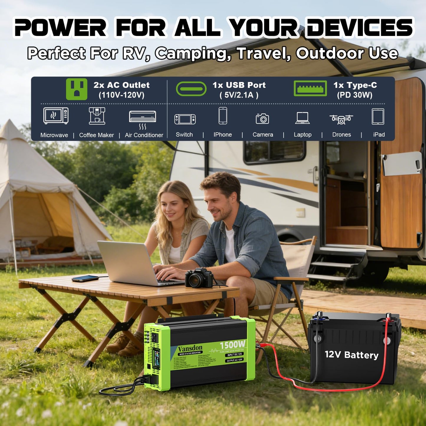 Vansdon 1500W Pure Sine Wave Inverter 12V DC to 120V AC Power Inverters for RV,Truck, Vehicles, Solar, Off-Grid, Car Power Inverter with LCD Display, 2 AC Outlet, 30W USB-C, 5V 2.1A USB, Surge 3000W