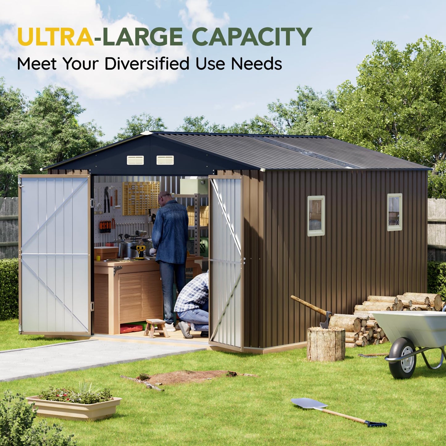 Breezz 10x12 FT Outdoor Storage Shed with Skylight Roof Panels, Metal Garden Tool Shed with Lockable Doors and Windows, Large Utility Shed for Patio Backyard Storage, Brown