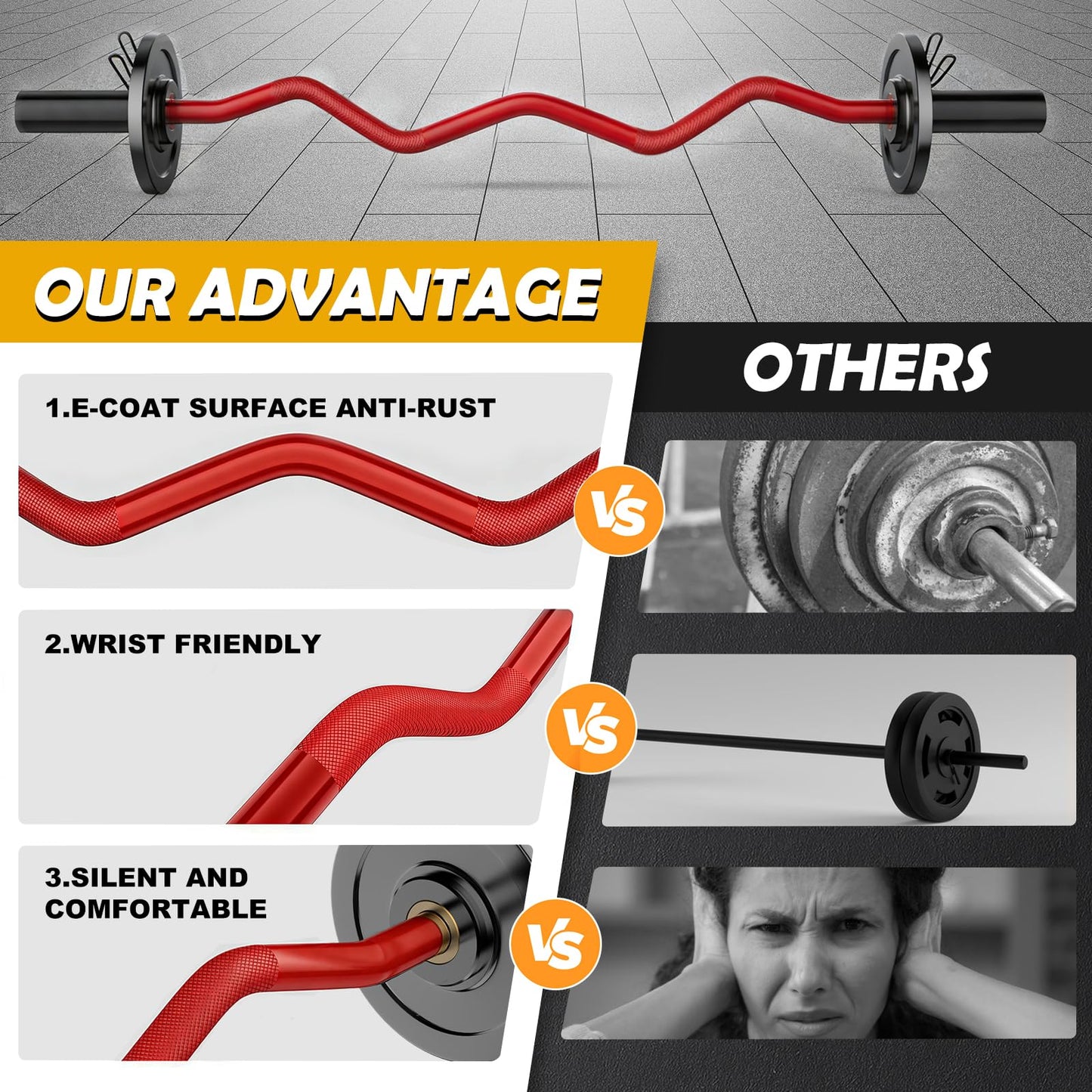 Olympic EZ Curl Barbell Bar 47",Mute Bearings - 2" Curl Bar for Weight Lifting, Hip Thrusts,Biceps,Squat-Home Gym Weight Bar-Chrome Curling Strength Training, 2Pcs Collars(800lbs Weight Capacity) (Red)
