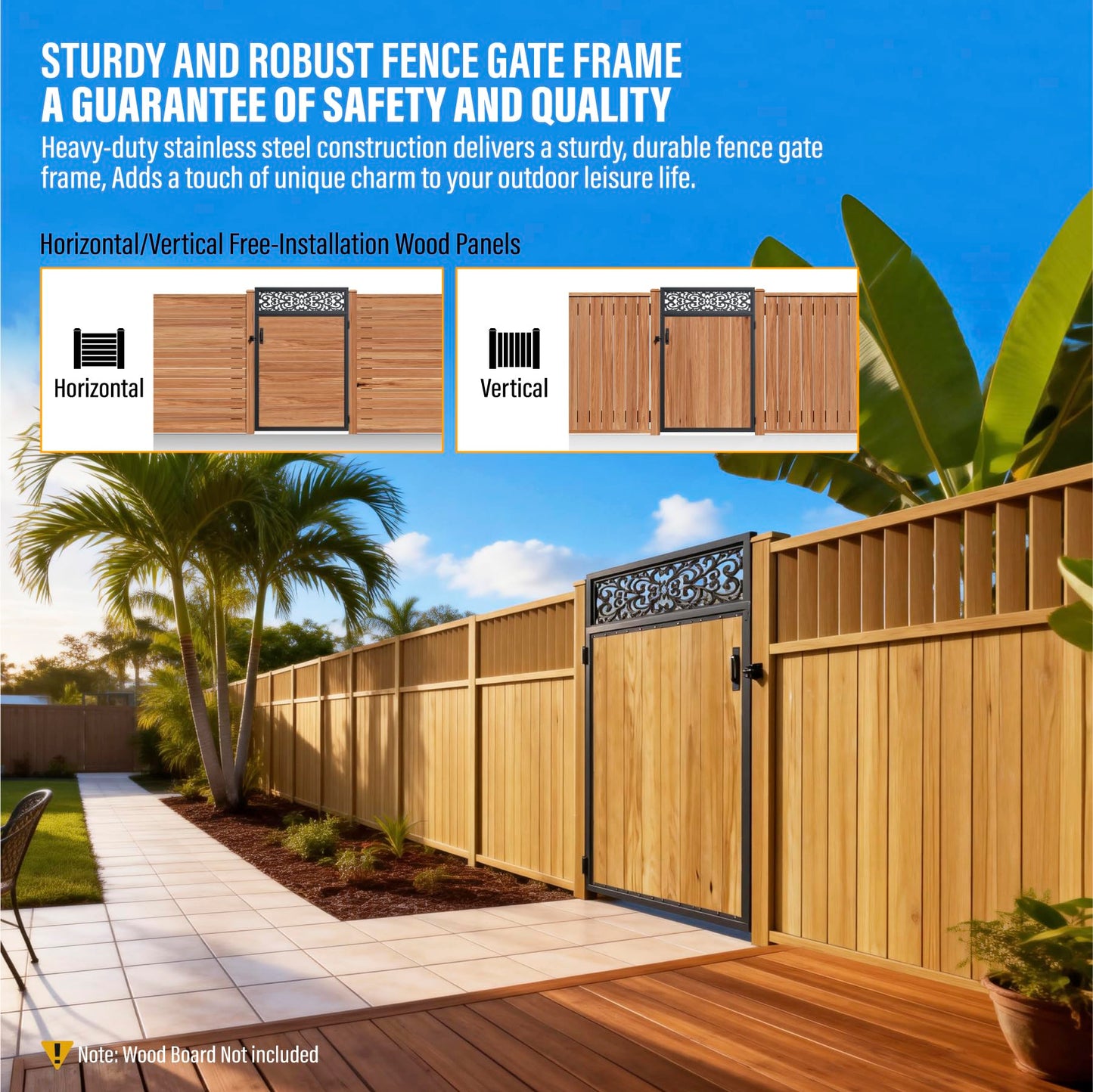 WOWACE 4x6FT Fence Gate Frame Kit 201 Stainless Steel Heavy Duty Garden Gates Anti-Sag Backyard Front Gate Reinforcement Hardware, Left/Right Mount (No Wood Planks Included)