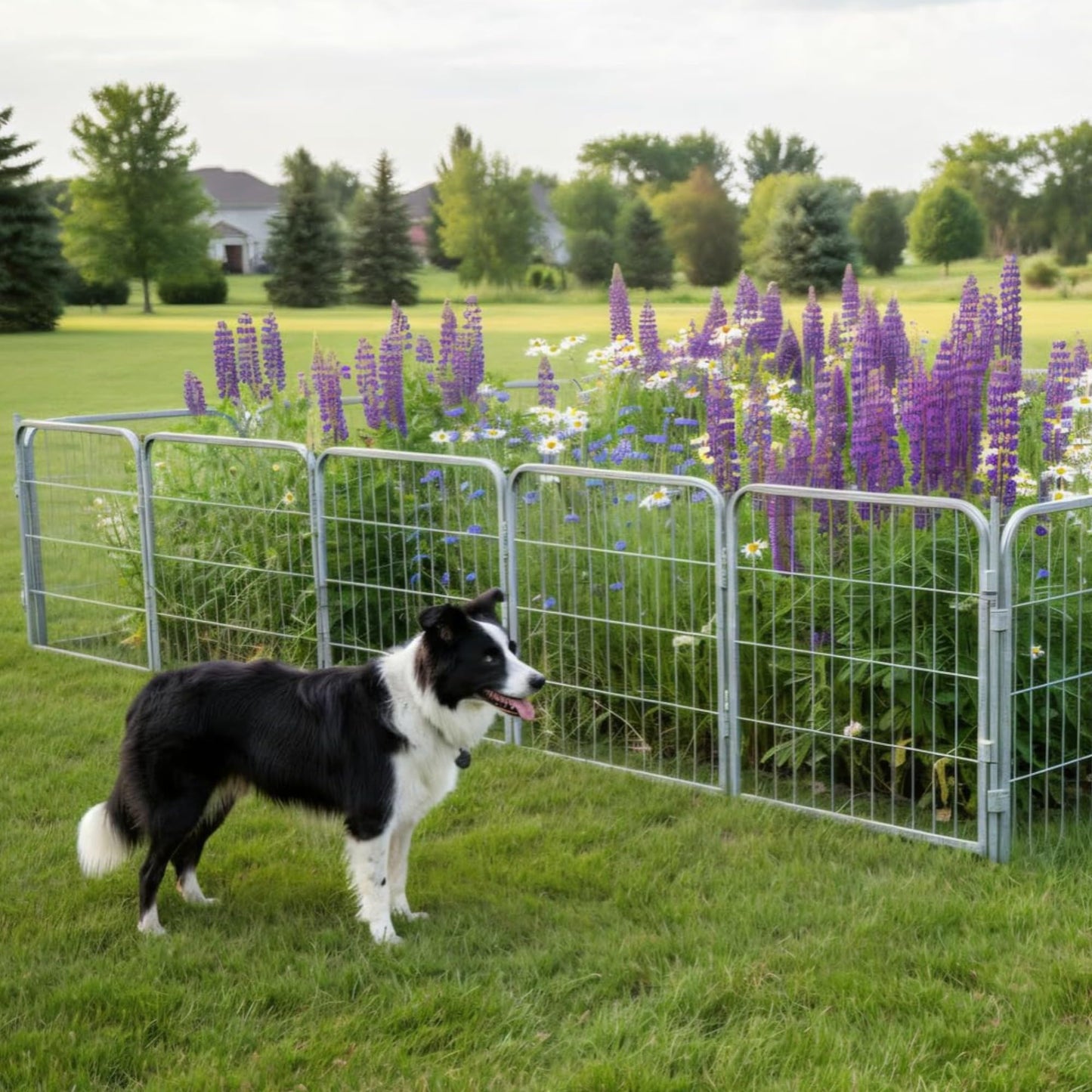 Kozy Kennels Decorative Outdoor Garden Fence - 32in, 8 Panels - Grey Heavy Duty Metal Fencing w/Anti-Rust Coating & Extra Wide Gate for Yard, Flower Bed Border, Dog & Animal Barrier