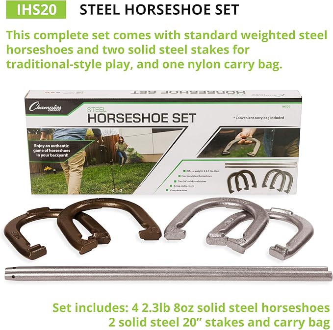 Champion Sports Horseshoe Set: Traditional Outdoor Lawn Game includes Four Professional Solid Steel Horseshoes with Solid Steel Stakes & Carrying Storage Case