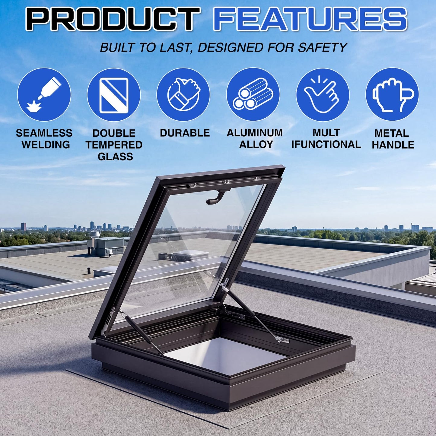 Gisafai Skylight Roof Window Tempered Glass Security Lighting Well Window Flush Mount Roof Access Hatch Basement Lighting Venting Deck Viewing Cover for Sunroom Garage, 23.6 Inch