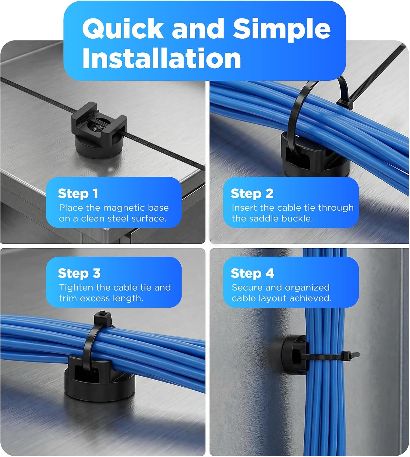 Eveco 24 24 Magnetic Zip Tie Mount Wire Holder - Magnetic Holders with Cable Ties Magnet Clips for Multipurpose Cable