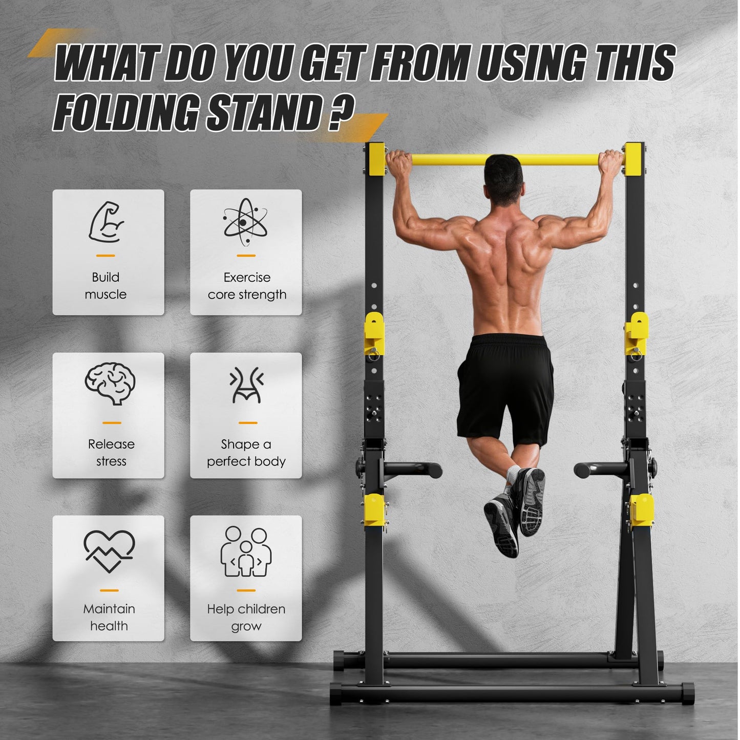 soges Foldable Power Tower, Pull Up Dip Station for Home Gym, 500 LBS Capacity Power Tower with Triangular Design, Adjustable Height Pull Up Bar for Full Body Workout (Yellow)