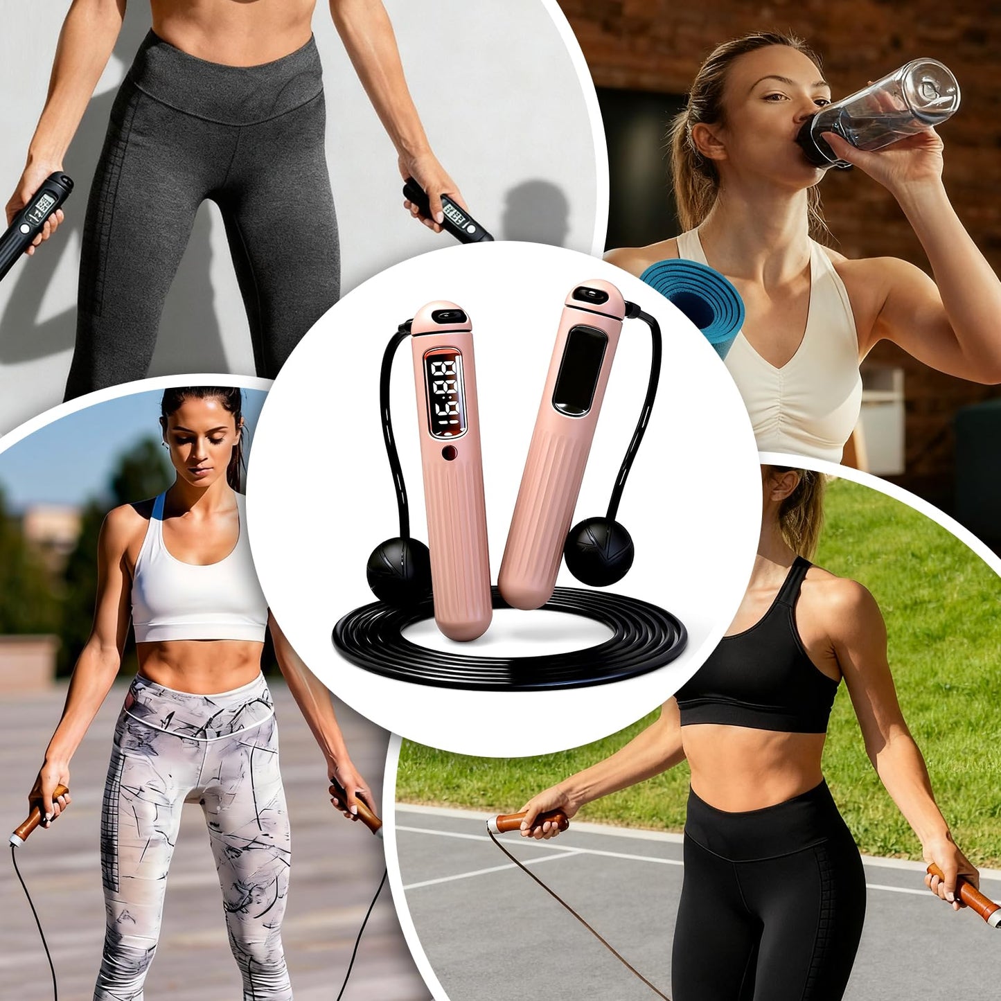 Smart Jump Rope,Cordless Jump Rope with LCD Display Counter,APP Data Analysis,Cordless Ball Counterweight Skipping Rope,Suitable for Women, Men, all Age Groups Adjustable Skipping Rope (Pink)