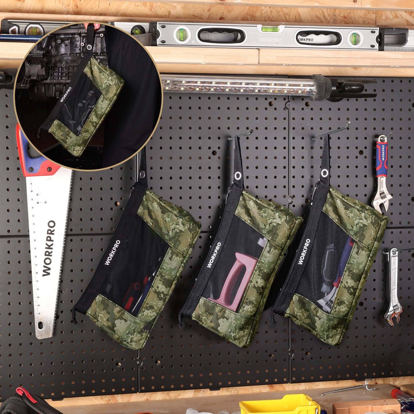 WORKPRO 12" Tool Pouches with Zipper, Heavy-Duty Small Tool Bag, Utility small tool pouch for Tool Organizers and Storage, Mini Tool Bag, 3 Pack, Camo