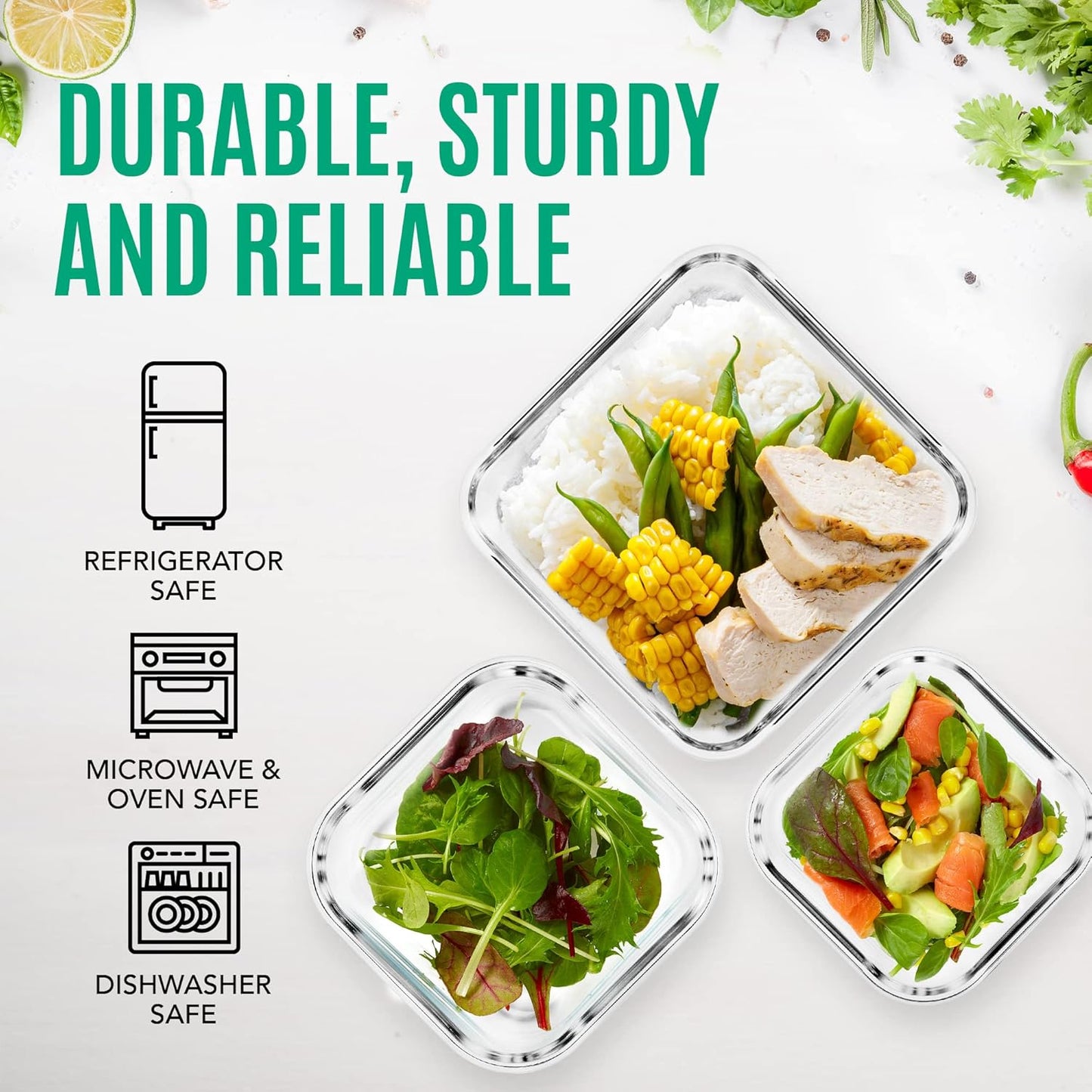 Razab Glass Food Storage Containers Set - 6 PC Airtight Meal Prep Containers | 74, 40 & 18 oz, Freezer Safe