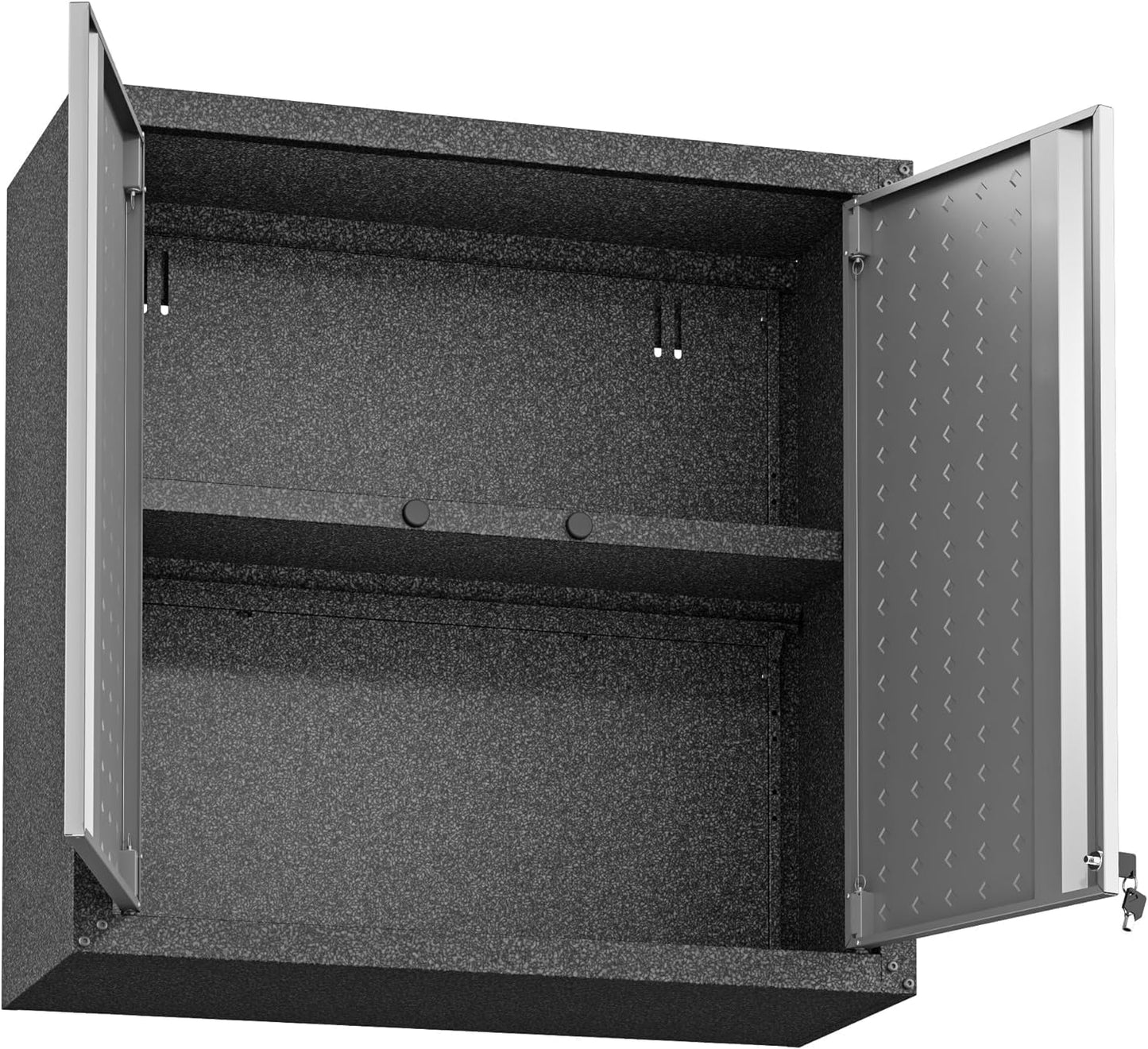 Manhattan Comfort Fortress Floating Garage Storage Cabinet with Adjustable Shelves and Lock, Recessed Handles, Metal Wall Mounted Lockable Utility Cabinet, Steel Garage Storage in Black and Grey