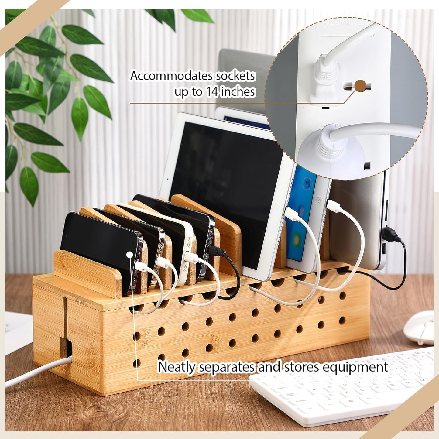 Burbell 10 Bamboo Charging Station for Multiple Devices, Cell Phone Docking Charging Station Organizer and Cord