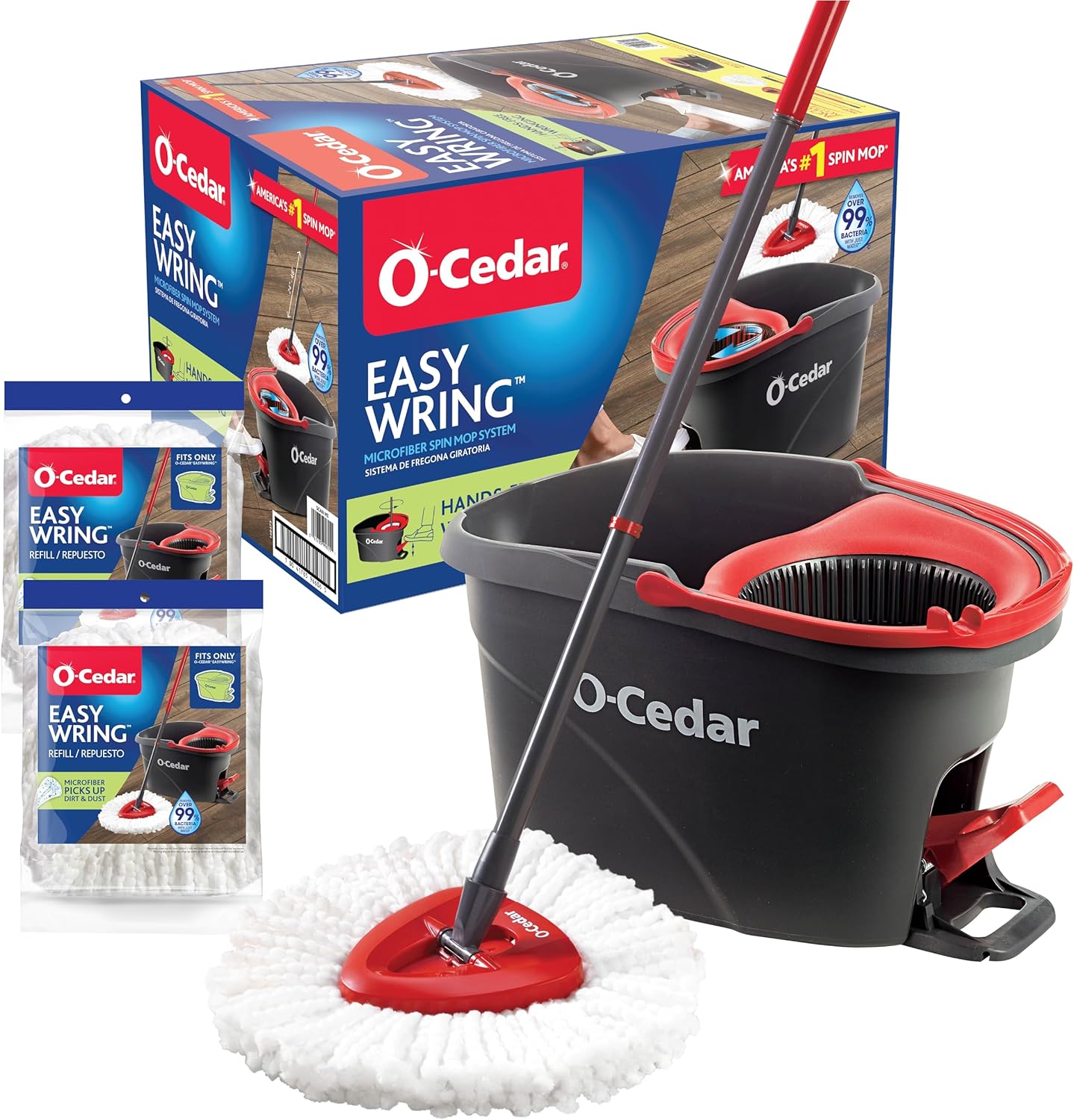 O-Cedar EasyWring Microfiber Spin Mop - Efficient Floor Cleaning System with 2 Extra Refills | Red/Gray