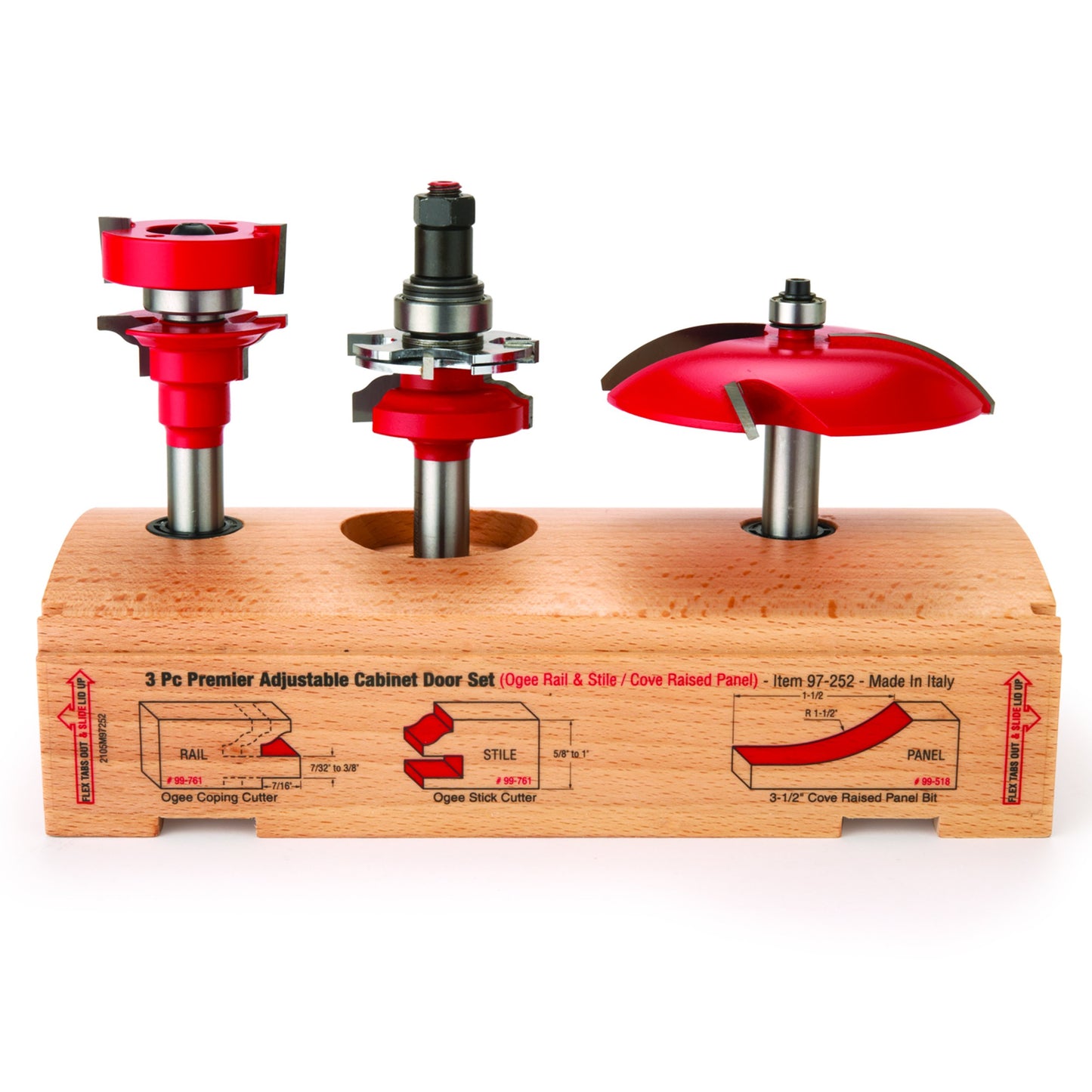 Freud 97-252: 3 Piece Premier Adjustable Cabinet Bit Set, ogee & cove profile