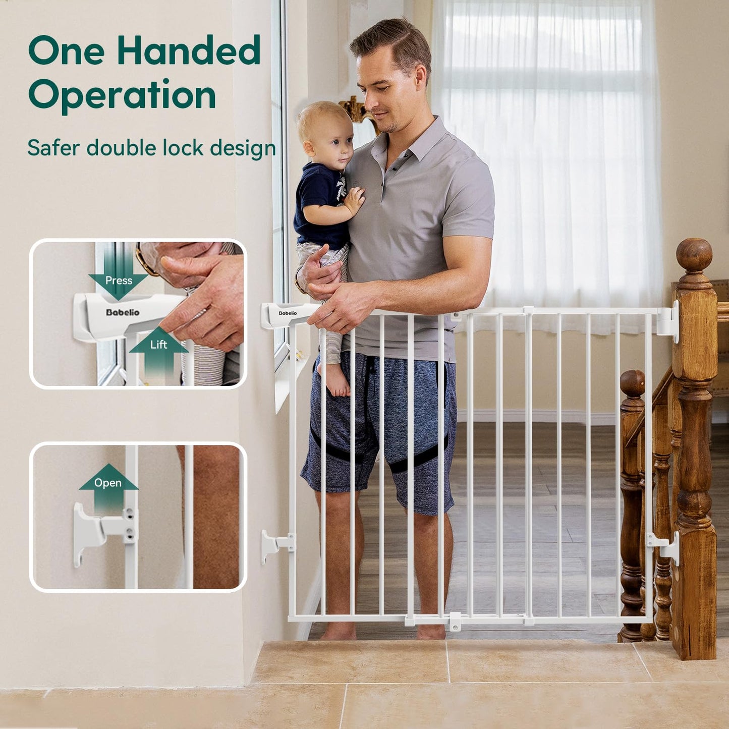 Babelio Baby Gate for Stairs, Kitchen & Doorways, 26-43" W 28" H No Bottom Bar| Easy Installation| One-Handed Operation| Auto-Close| Hardware Mount (Drill Needed) Safety Dog/Pet Gate Indoor (White)