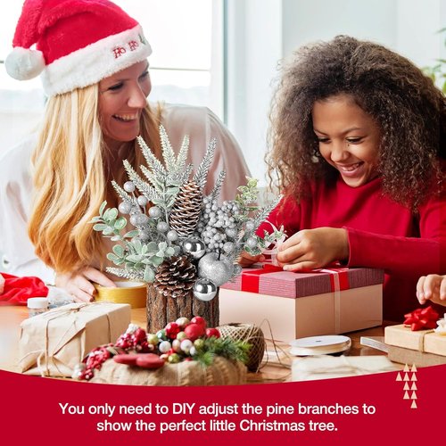 Hatisan Small Christmas Tree - Artificial Pine Cone & Berry Decor | Tabletop Holiday Decoration (Silver Round)