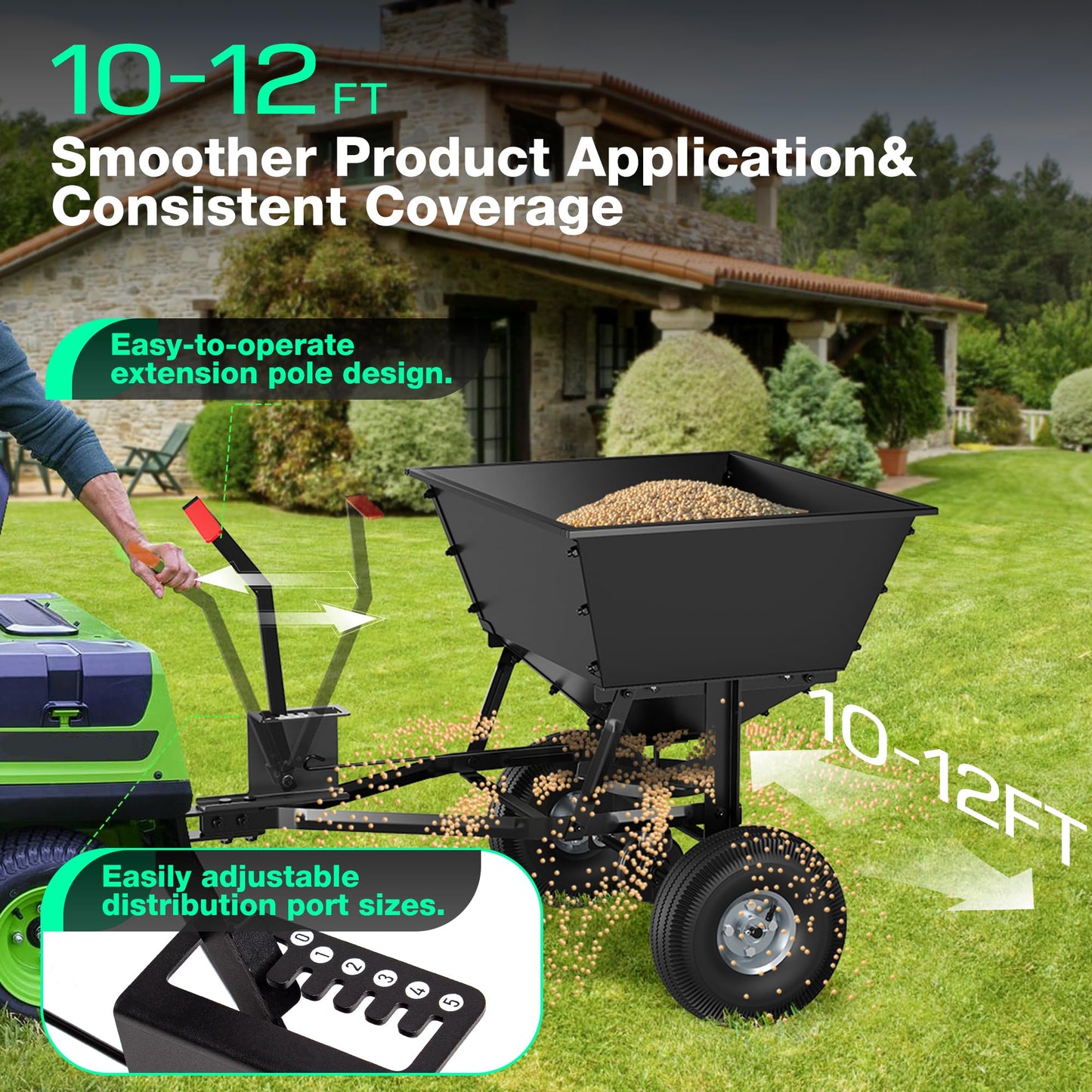 Suchtale Tow-Behind Broadcast Spreader, 130 lbs Capacity, Heavy Duty Fertilizer and Seed Spreader with Adjustable Flow Control Lever,10" Pneumatic Tires, Durable Metal Hopper for Various Terrain Type