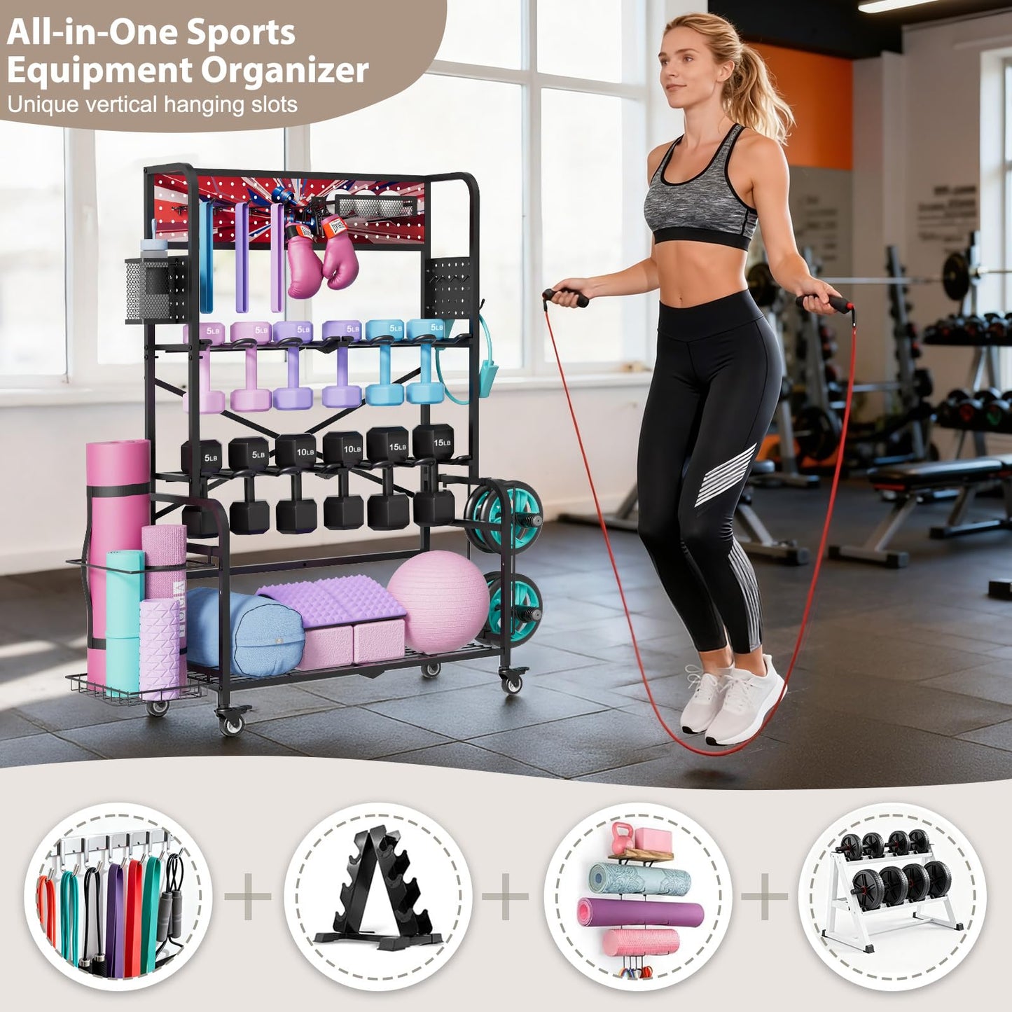 YiiMeeCoo Heavy Duty Dual-Row Dumbbell Rack with Wheels, Home Gym Vertical Storage Stand with Yoga Mat Storage, Space Saving Fitness Equipment Organizer for Home Workout