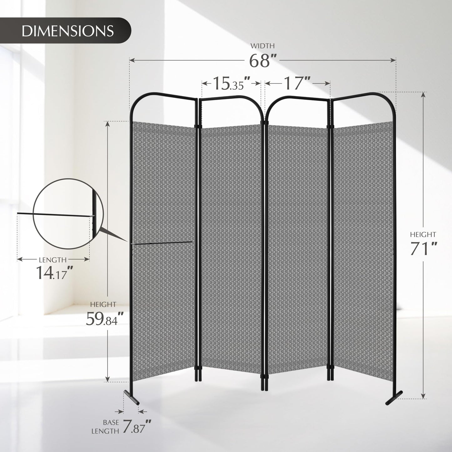 DECOLAB 4 Panel Room Dividers, Portable Privacy Separation Wall Panel for Home, Office, Studio, Bedroom, Light & Air Flow, 68" x 71", Jazz