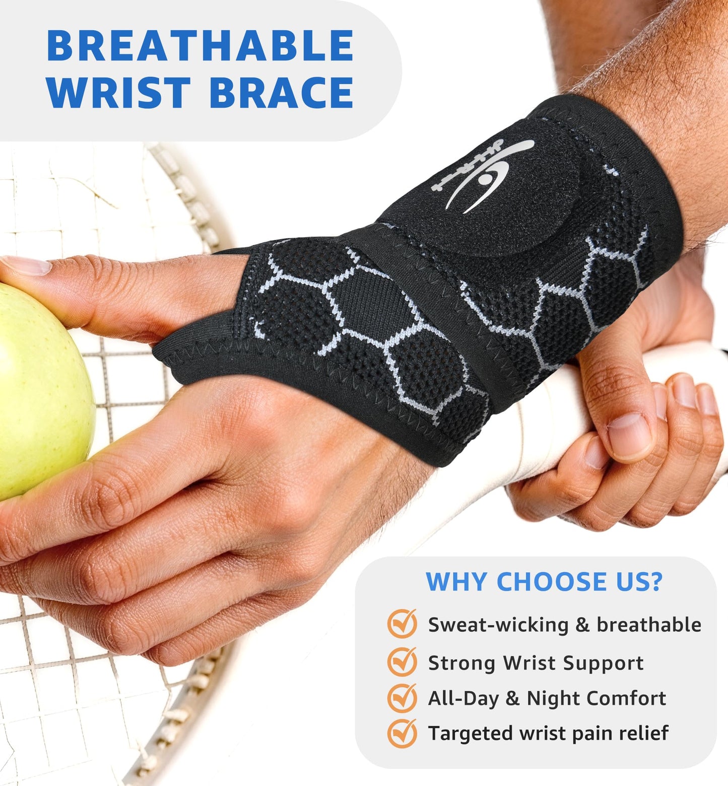 HiRui Upgraded 3D Knit Breathable Wrist Brace Wrist Wrap, Extended Length Adjustable Compression Strap, Elastic Support for Wrist Pain Relief, Carpal Tunnel, Sports, Gym & Daily Use (1, Black)