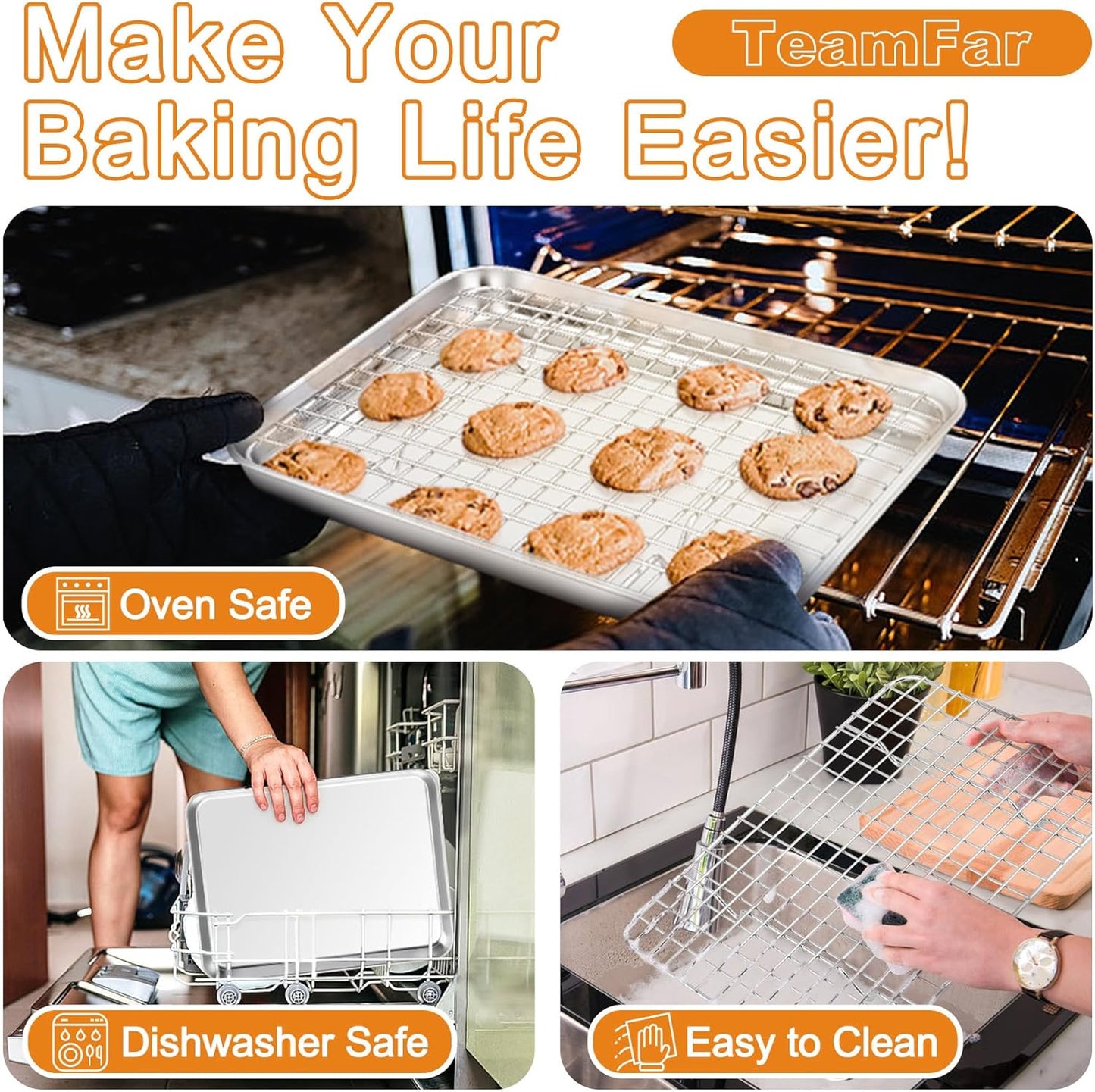 TeamFar Stainless Steel Baking Sheet Set - Heavy Duty Non-Toxic Cookie Sheets & Cooling Racks | 6 PCS (3 Pans + 3 Racks)