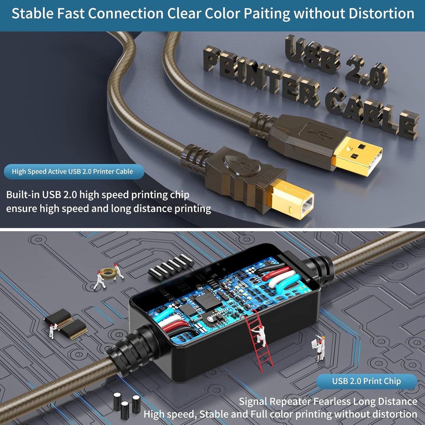 2.0 50ft USB Printer Cable - High Speed Active A to B Cord for Printers, Scanners, Fax Machines