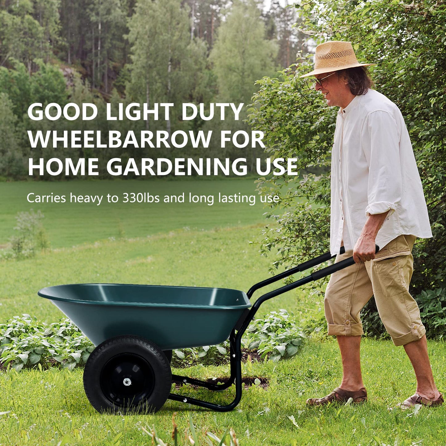 Wellhut 2 Tire Wheelbarrow Dump Cart, Heavy Duty Home Utility Garden Cart, 330 LBS Yard Wheelbarrow, Perfect for Transporting Soil Bricks and Construction Materials, Green