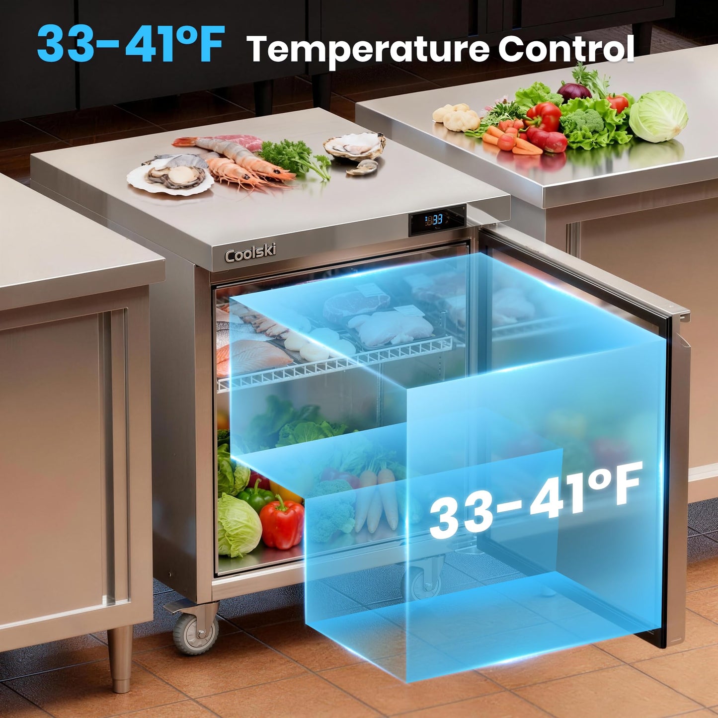 Coolski 27”W Commercial Undercounter Refrigerator, 7.5 Cu.ft. Freestanding Stainless Steel, Single Door Under Counter Industrial Worktop Fridge for Restaurant, Bar, Shop, Kitchen Use