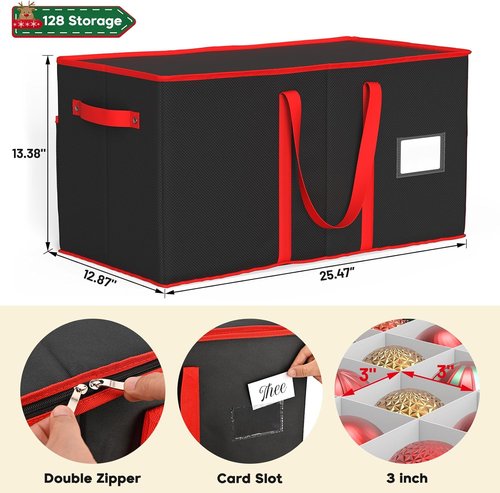 Kesfitt Christmas Ornament Storage Box - Large Organizer with 8 Trays & Dividers for 128 Ornaments | Black
