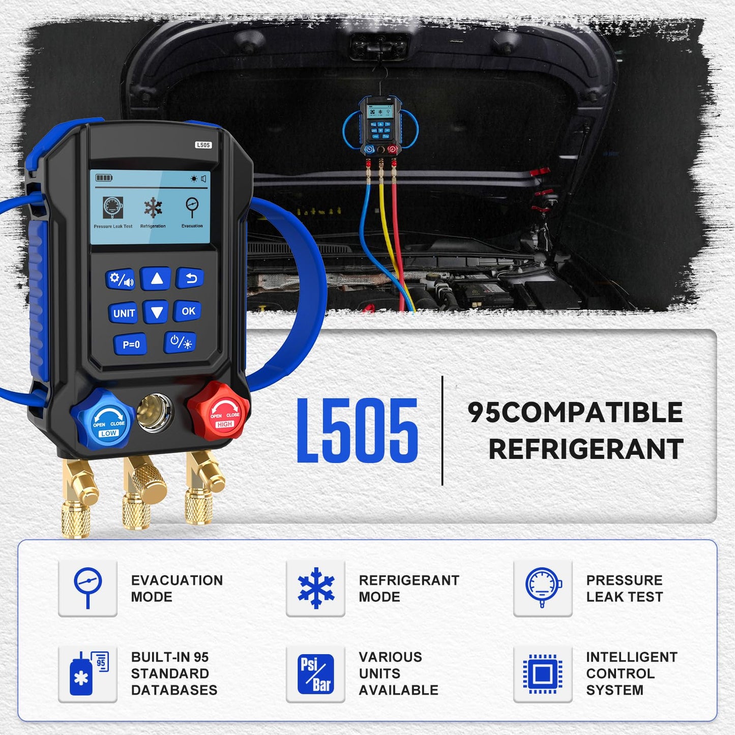 R454B R134A Digital Manifold HVAC Gauge Set,95 Refrigerants Dual Pressure&Temp Test with Temperature Clips and Hoses Vacuum AC Gauges for R1234YF R134A R404A R410A R32