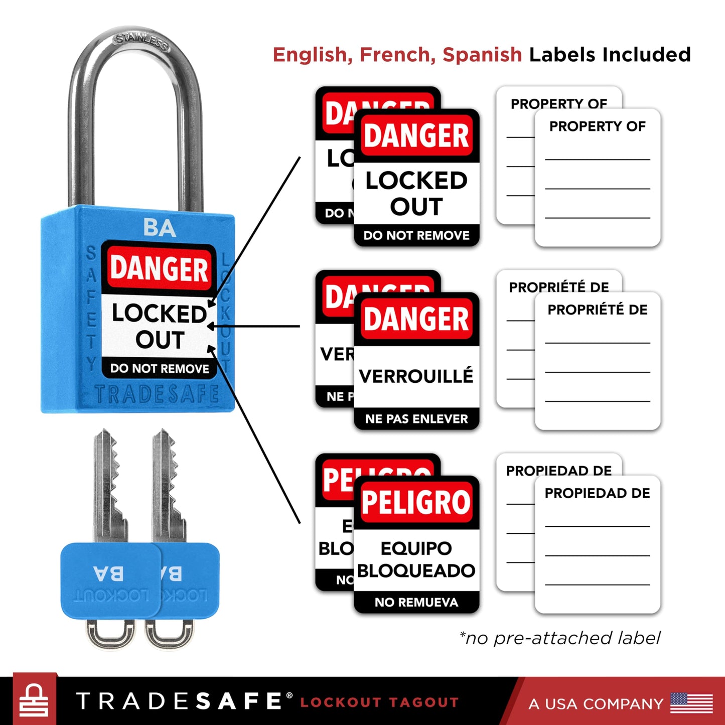 TRADESAFE Lockout Tagout Lock Sets, 10 Blue Keyed Alike Unlimited Grouping Safety Padlocks, 2 Keys Per Lock, OSHA Compliant Loto Locks, for Lock Out Tag Out Kits