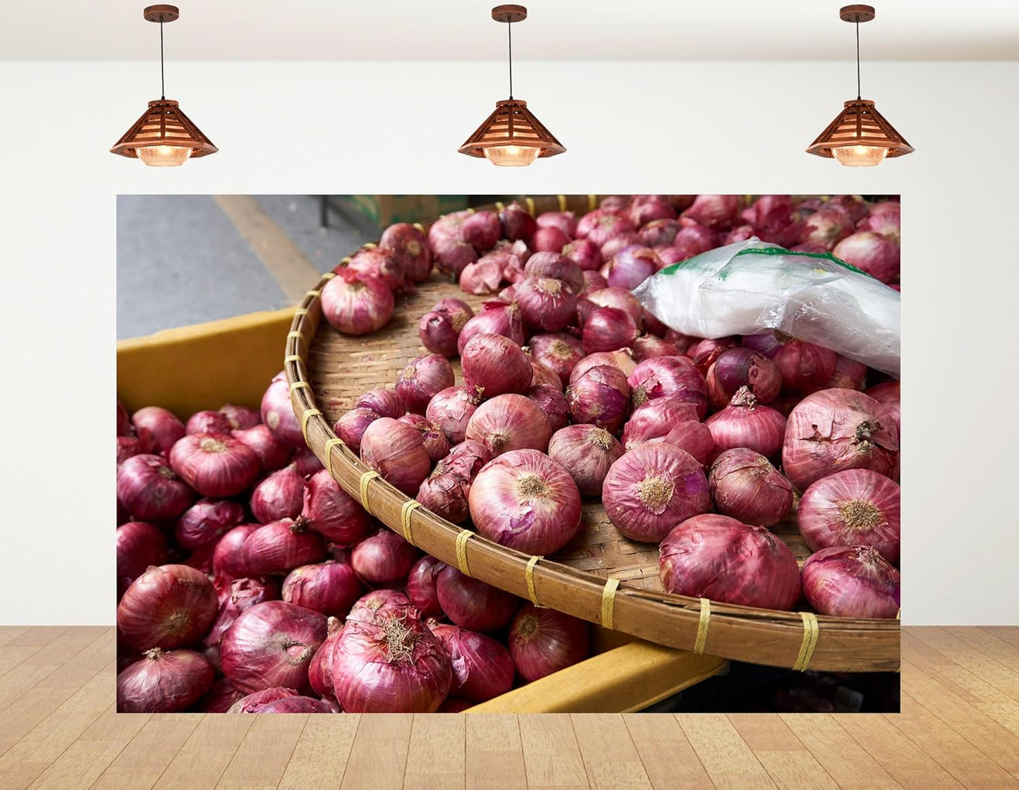 KeyWork 10x5ft Red Onions in Bamboo Basket at Market Backdrop Fresh Produce Photography Background Rustic Food Themed