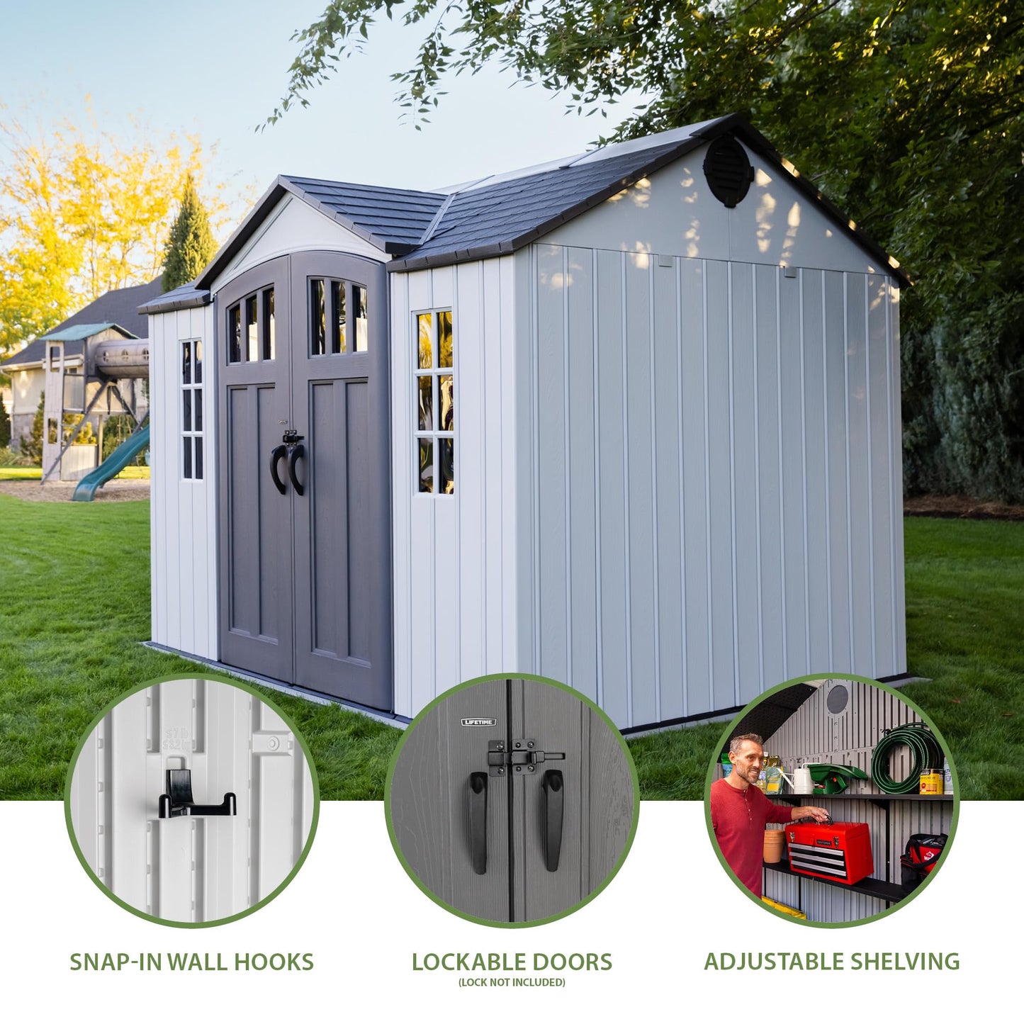 Lifetime Dual Entry Outdoor Storage Shed, 10x8 Ft, Gray, Resin Tool Shed with Double Doors