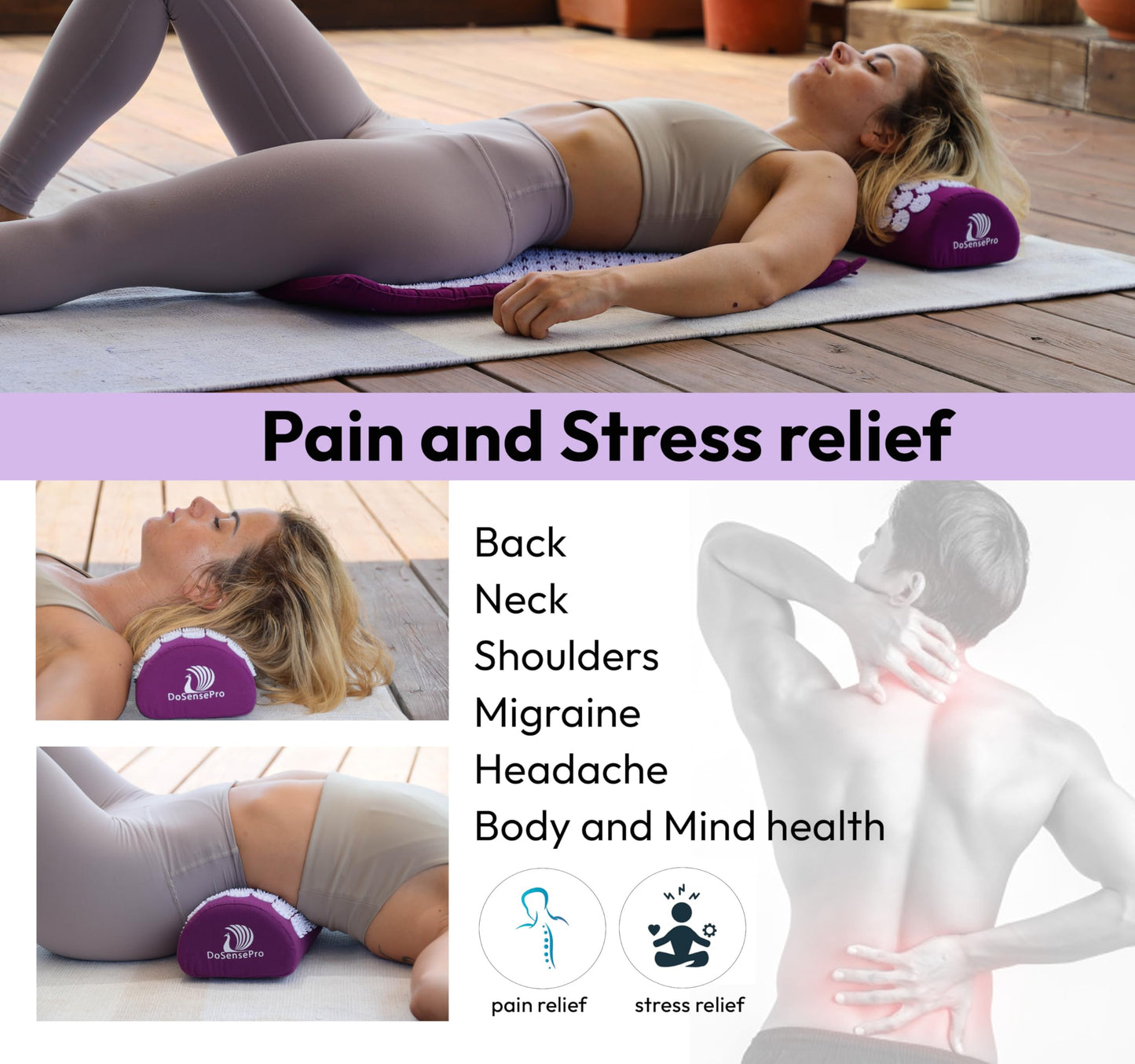 DoSensePro Acupressure Mat & Pillow Set – Extra-Long 29” Acupressure Therapy for Back & Neck Pain Relief, Sciatica, Stress Relief & Sleep Support – Includes Carry Bag & Hot/Cold Pack (Purple)