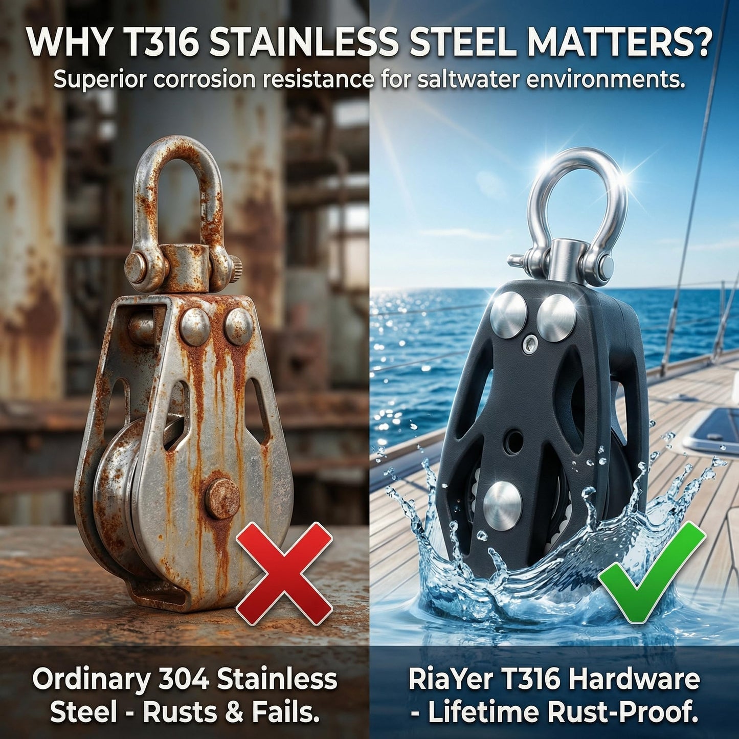 RiaYer 50mm Heavy-Duty Single Swivel Sailing Block with Ball Bearings, T316 Stainless Steel & PA66 Nylon Marine Pulley, 3100 lbs Breaking Load, High-Load Rigging Hardware (1-Pack)