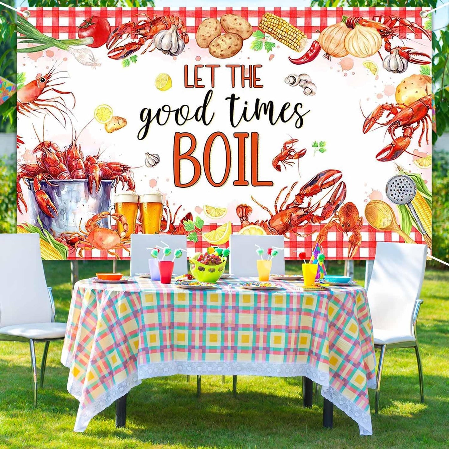 Joliaco (6x3.6ft) Crawfish Boil Birthday Banner Let The Good Times Boil Photography Background Red Seafood Boil Lobster