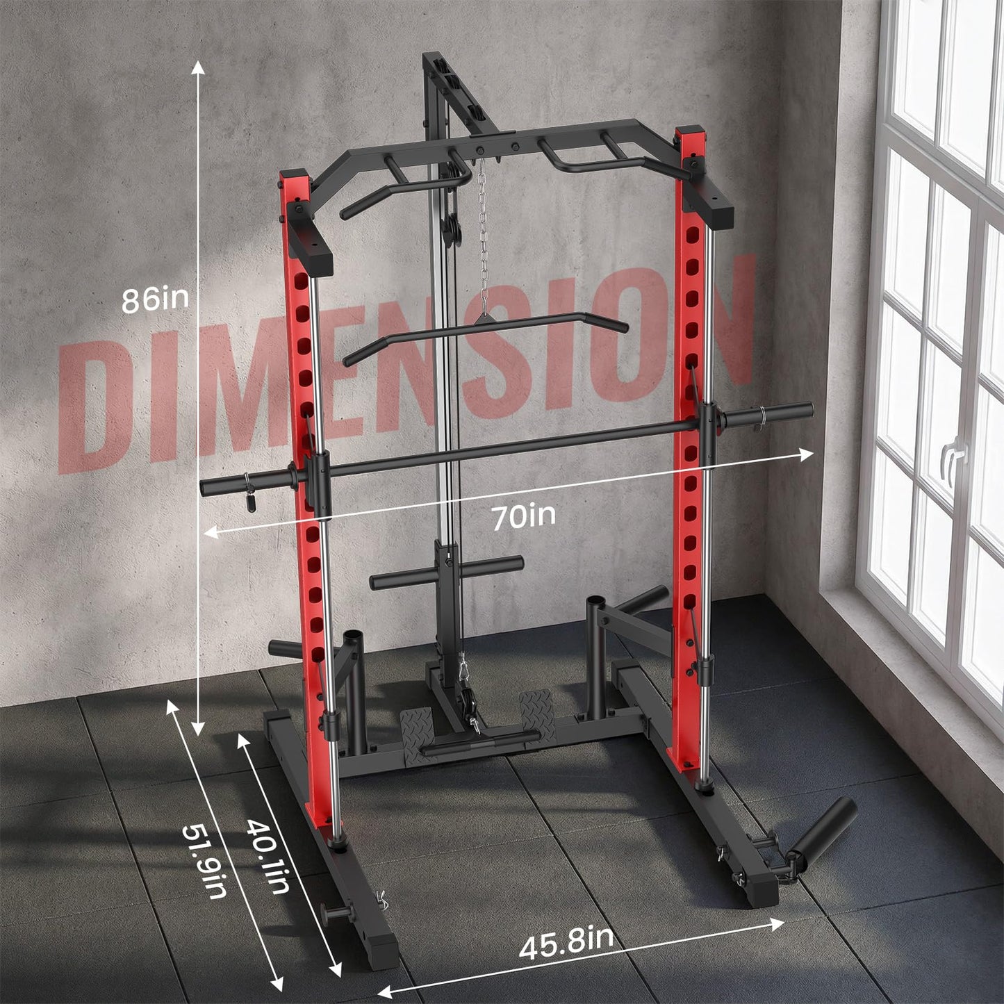 OPPSDECOR All-in-One Smith Machine for Home Gym, 1400LBS Multi-Functional Power Cage Squat Rack with LAT Pulldown System, Cable Machine & Barbell Bar - Strength Training Equipment with Attachments