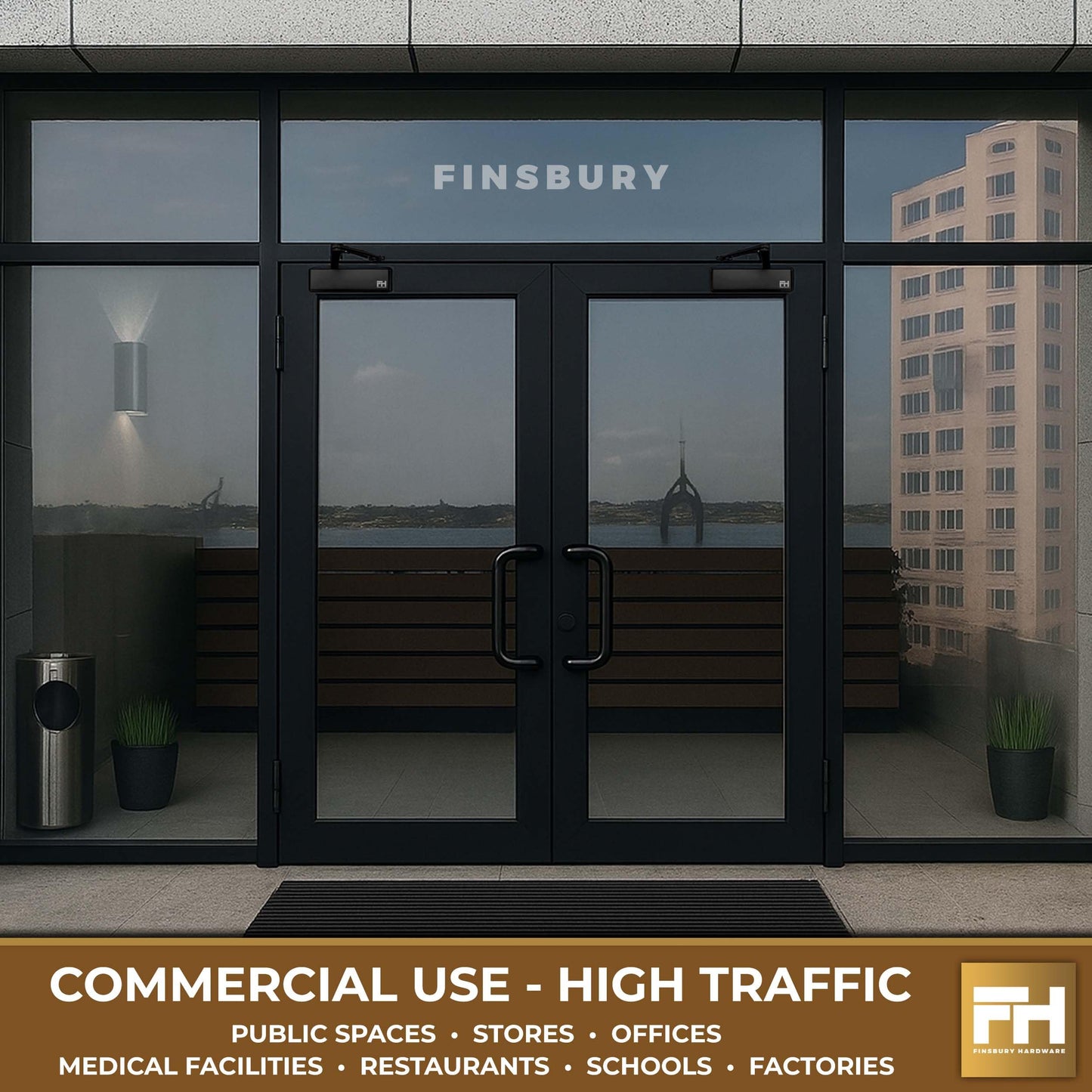 Finsbury FH‑9500 Commercial Door Closer, Heavy Duty Grade 1 Aluminum, Hydraulic Auto Close, Adjustable Spring 1–6, UL 3‑Hour Fire Rated, ADA Compliant, Surface Mount for High Traffic Doors (Black)
