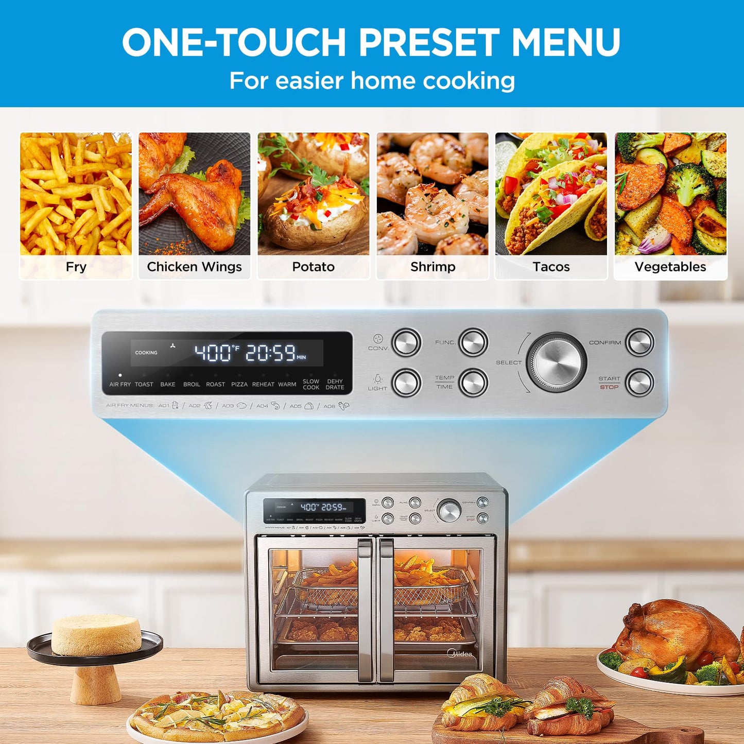 Midea Flexify Classic French Door Toaster Oven Air Fryer Combo, 10-in-1 Large Capacity 26.4 QT Countertop Oven, 25% Faster Cooking and 90% Less Oil, Stainless Steel