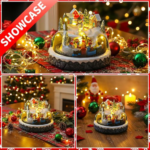 Christmas Village Decoration - Spinning Train & Snowman Musical Collectible with LED Lights | 8 Songs & Timer Function