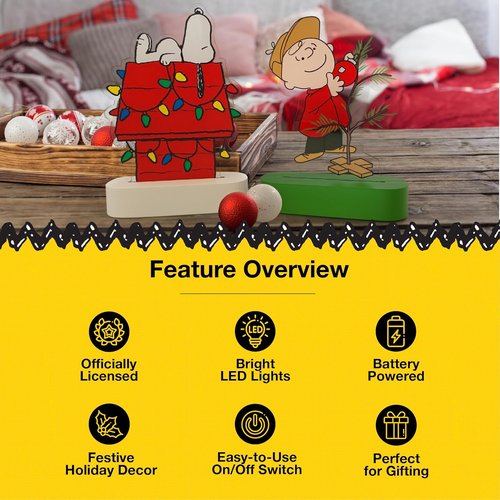 Mark Feldstein Peanuts Holiday LED Tabletop Lights - Snoopy's Doghouse & Charlie Brown Tree | 6 Inch Set of 2