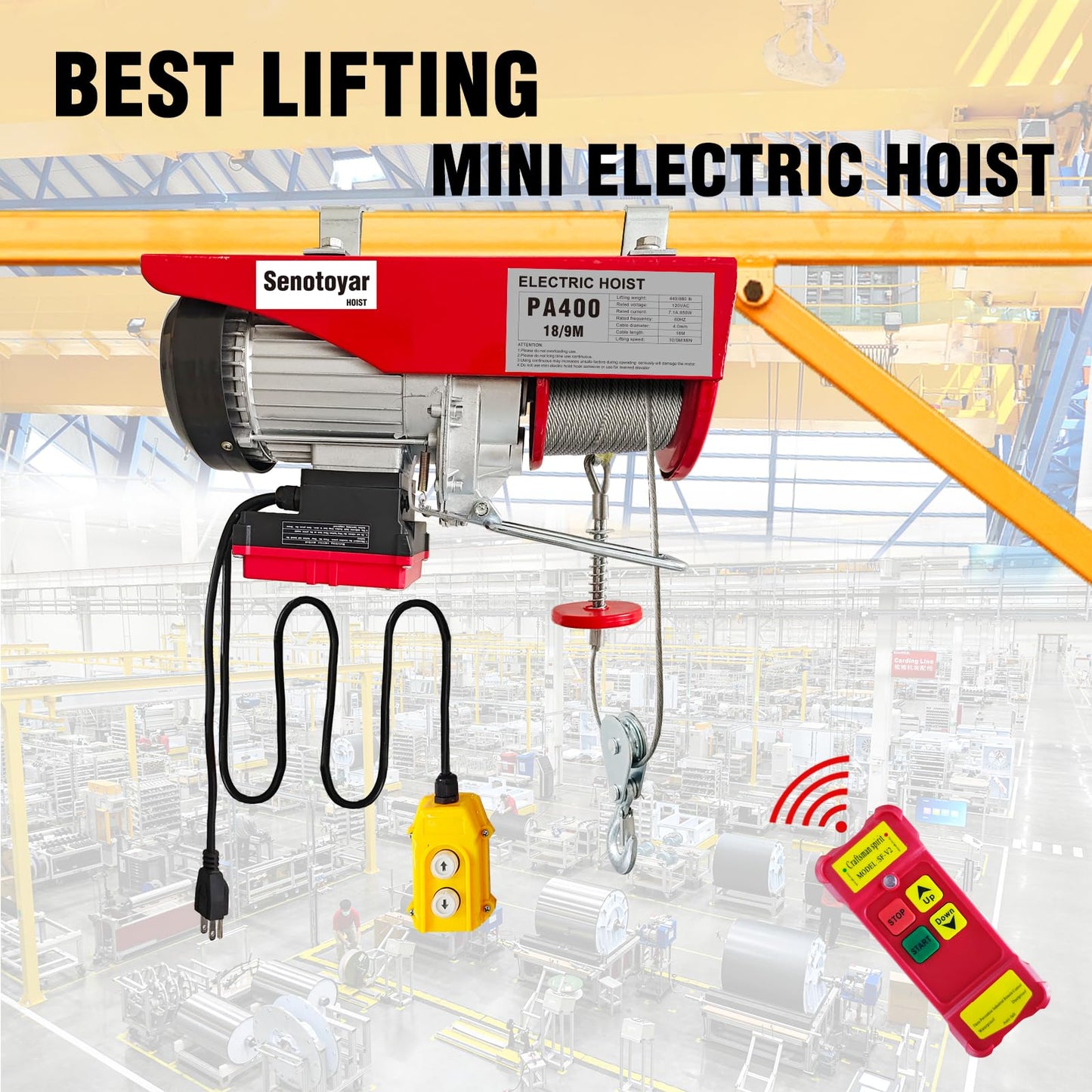 Electric Hoist 2 in 1-880lbs Electric Hoist Winch with 98ft Wireless Control&Wired Remote Control,110v Electric Hoist 59ft/29.5ft Lifting Height for Garage Warehouse Factory,Single/Double Slings