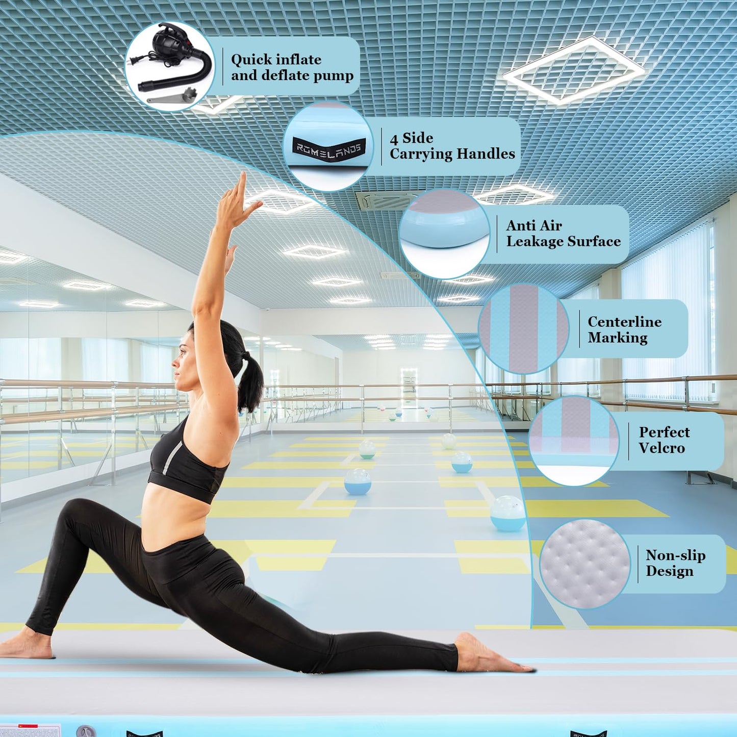 ROMELANDS Inflatable Air Gymnastics Mat 10ft/13ft/16ft Tumbling Mats Exercise Mat Tumble Track Mats with Electric Air Pump for Home/Gym/Cheerleading/Beach/Outdoor Training (Green)