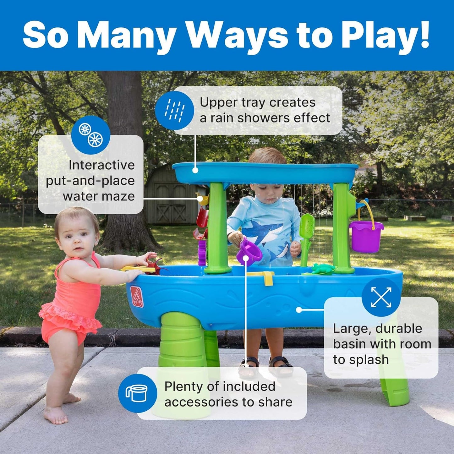Step2 Rain Showers Splash Pond Water Table - Kids Sensory Playset with 13 Accessories | Outdoor Fun for Toddlers 1.5+ Years, Blue & Green
