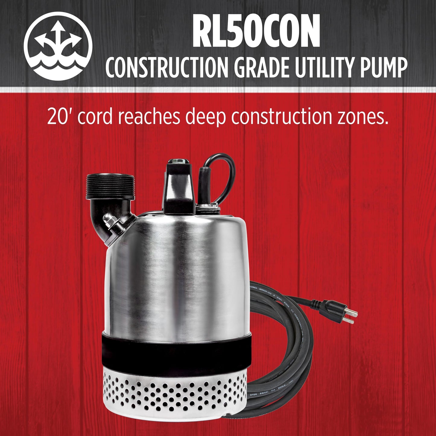 Red Lion RL50CON 115 Volt, 1/2-HP, 3600 GPH Heavy-Duty Stainless Steel Manual Submersible Utility Pump with 20-Foot Power Cord, Steel, 14942722