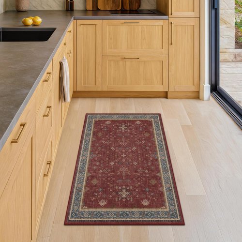 Hazo Haus Burgundy Washable Entry Rug - Non-Slip, Low Pile, Stain & Fade Resistant | Modern Floral Design