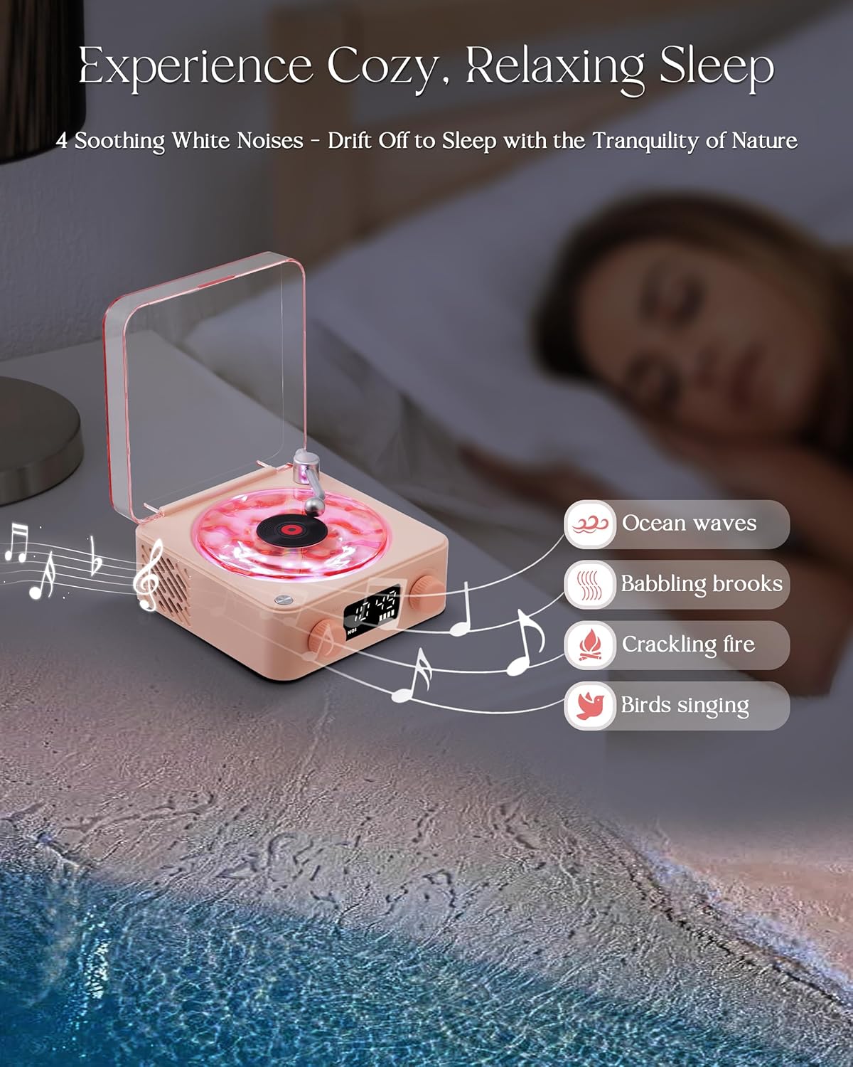 FAITIO Waves Vinyl Bluetooth Speaker Pink,Mini Record Player Style Speakers with Ocean Sound White Noise, Retro