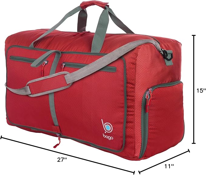 Bago Large Foldable Duffel Bags for Traveling Women & Men - 80L Packable Duffle Bag for Travel with Shoe Compartment - Water Repellant, Heavy Duty, Lightweight Folding & Collapsible (Red)